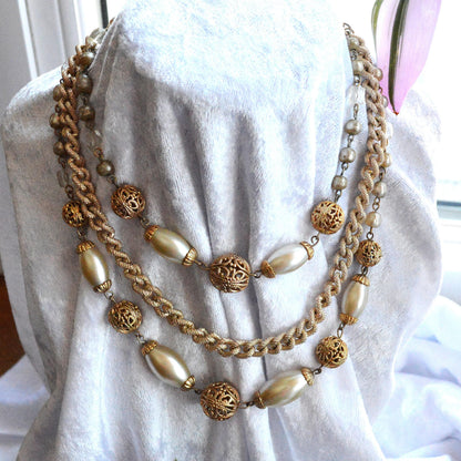 Vintage Multi Strand Faux Pearl Adjustable Choker Necklace