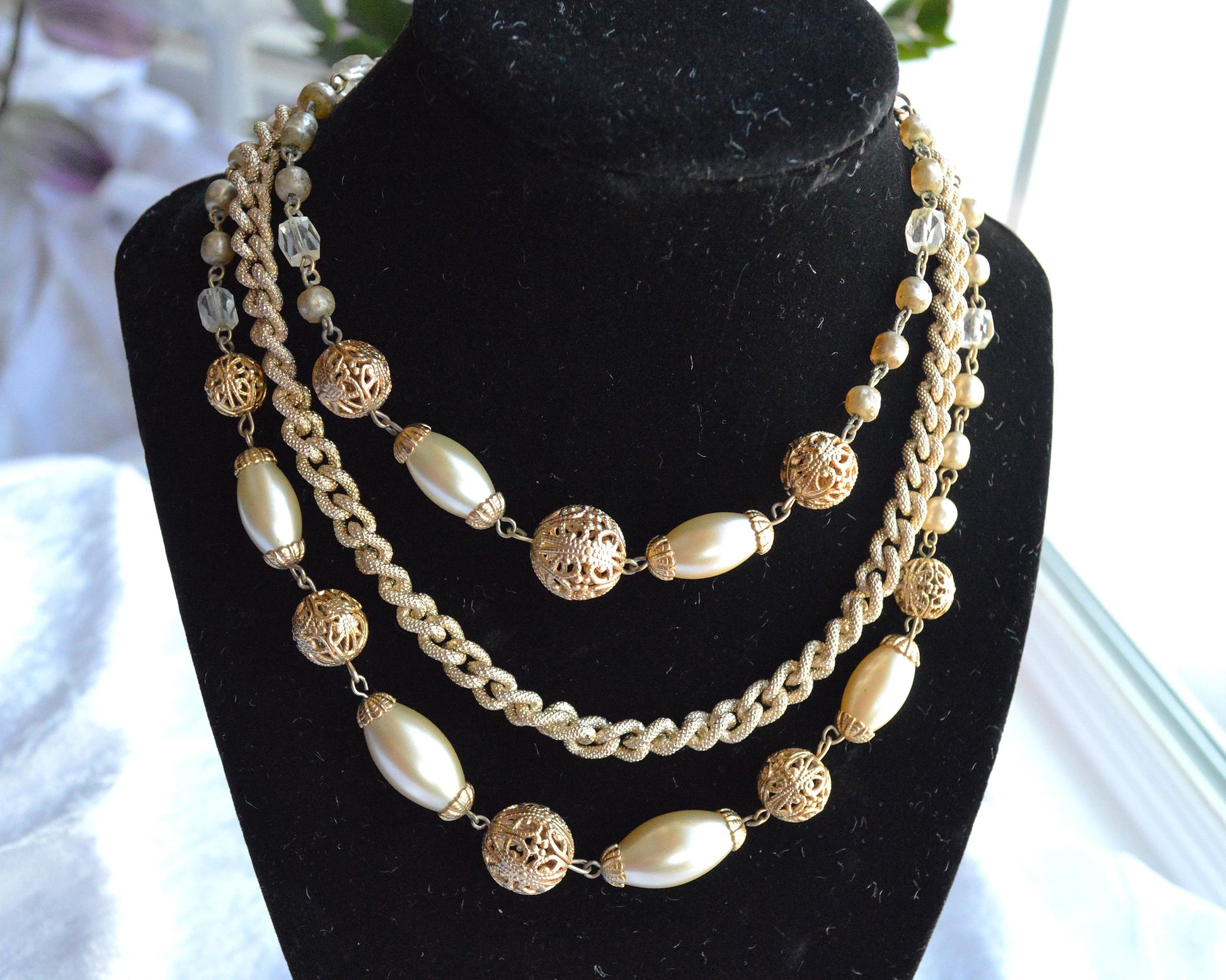 Vintage Multi Strand Faux Pearl Adjustable Choker Necklace