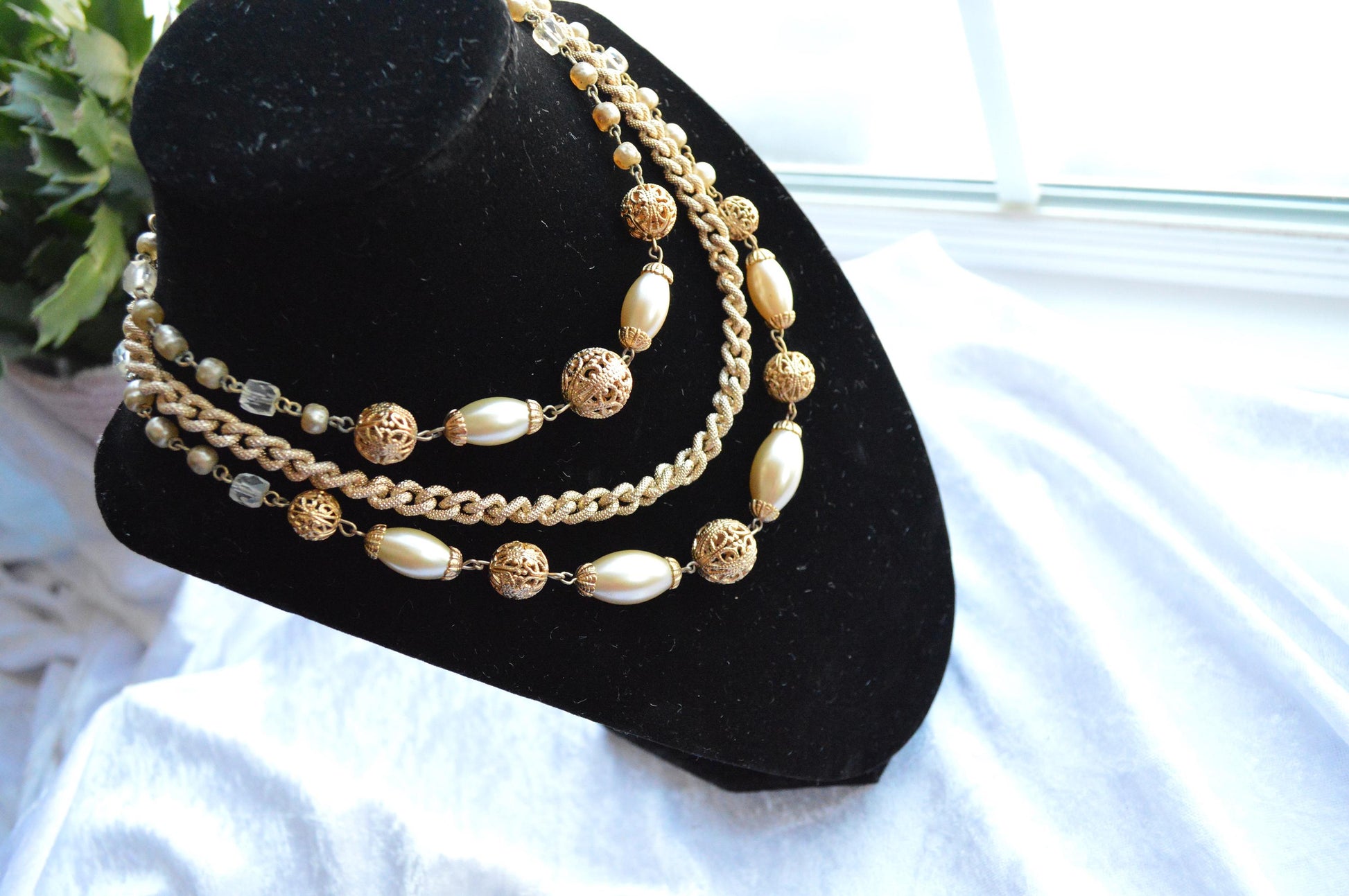 Vintage Multi Strand Faux Pearl Adjustable Choker Necklace