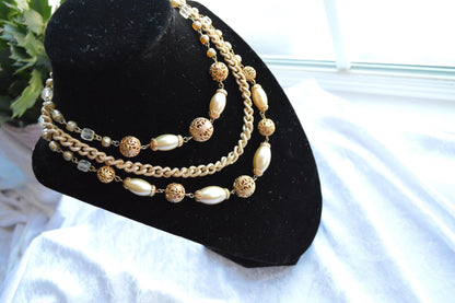 Vintage Multi Strand Faux Pearl Adjustable Choker Necklace