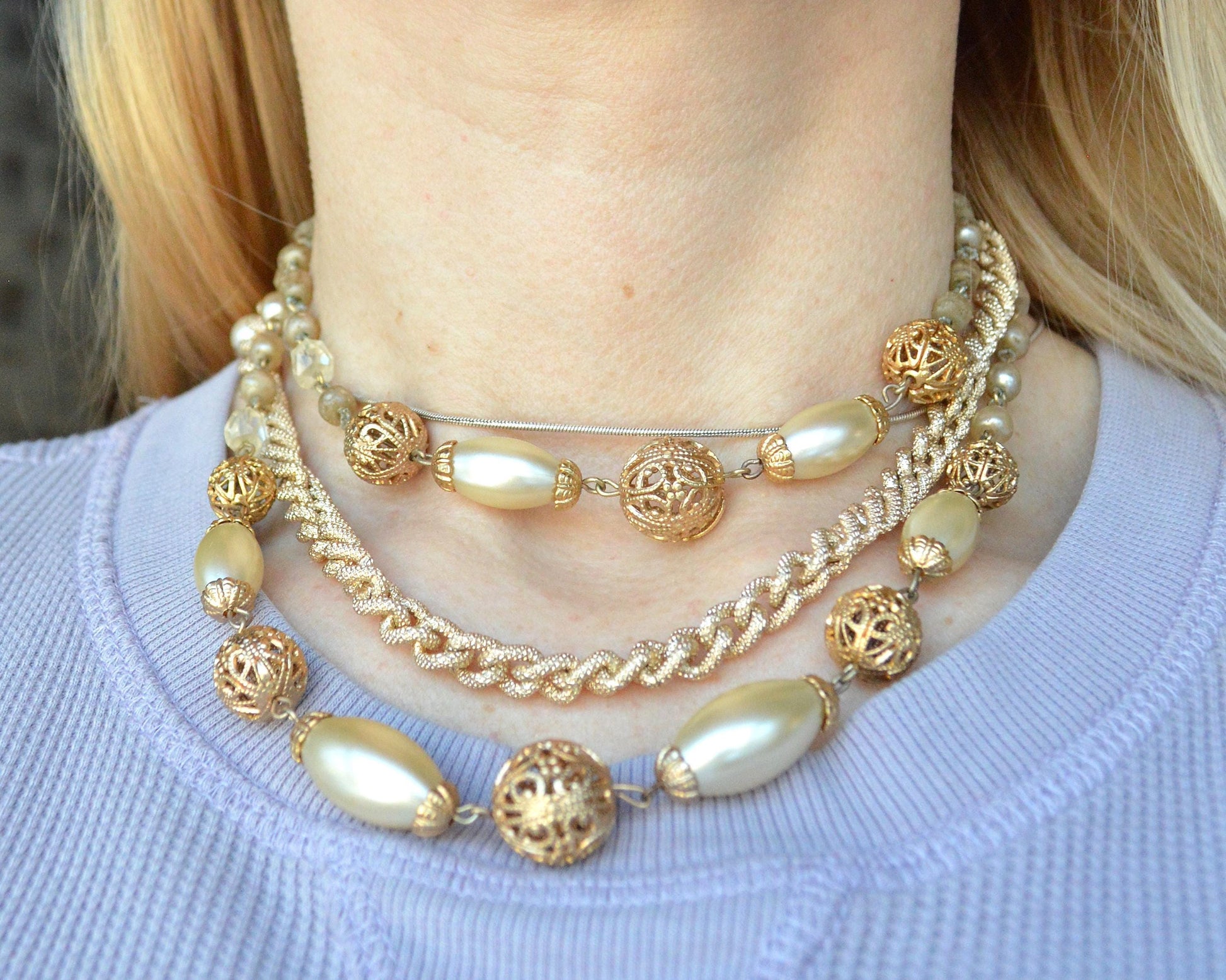 Vintage Multi Strand Faux Pearl Adjustable Choker Necklace