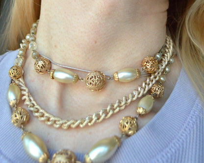 Vintage Multi Strand Faux Pearl Adjustable Choker Necklace