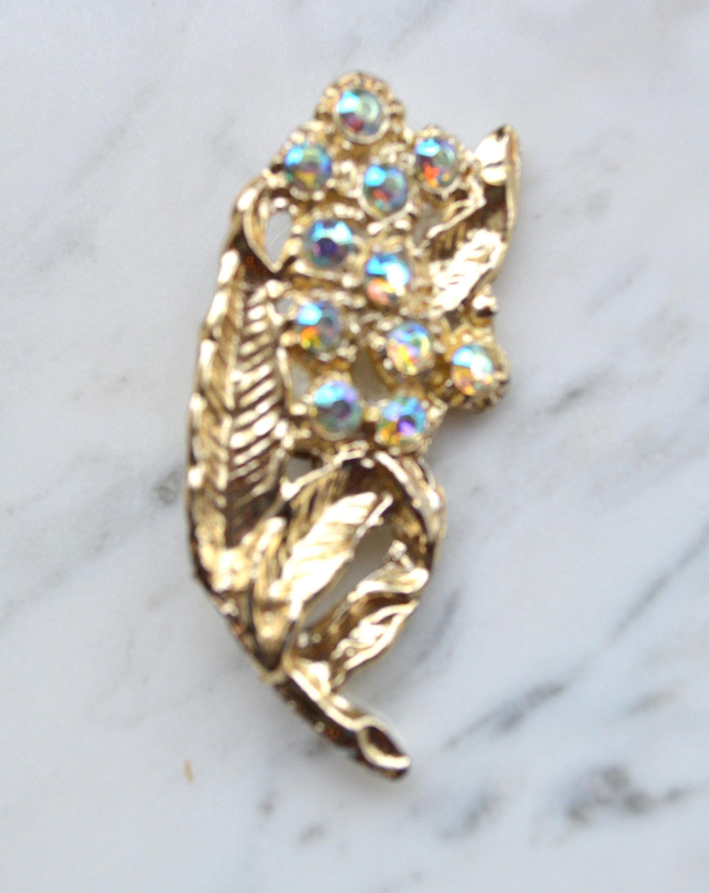Vintage Mid-Century Floral Brooch Featuring Aurora Borealis Rhinestones