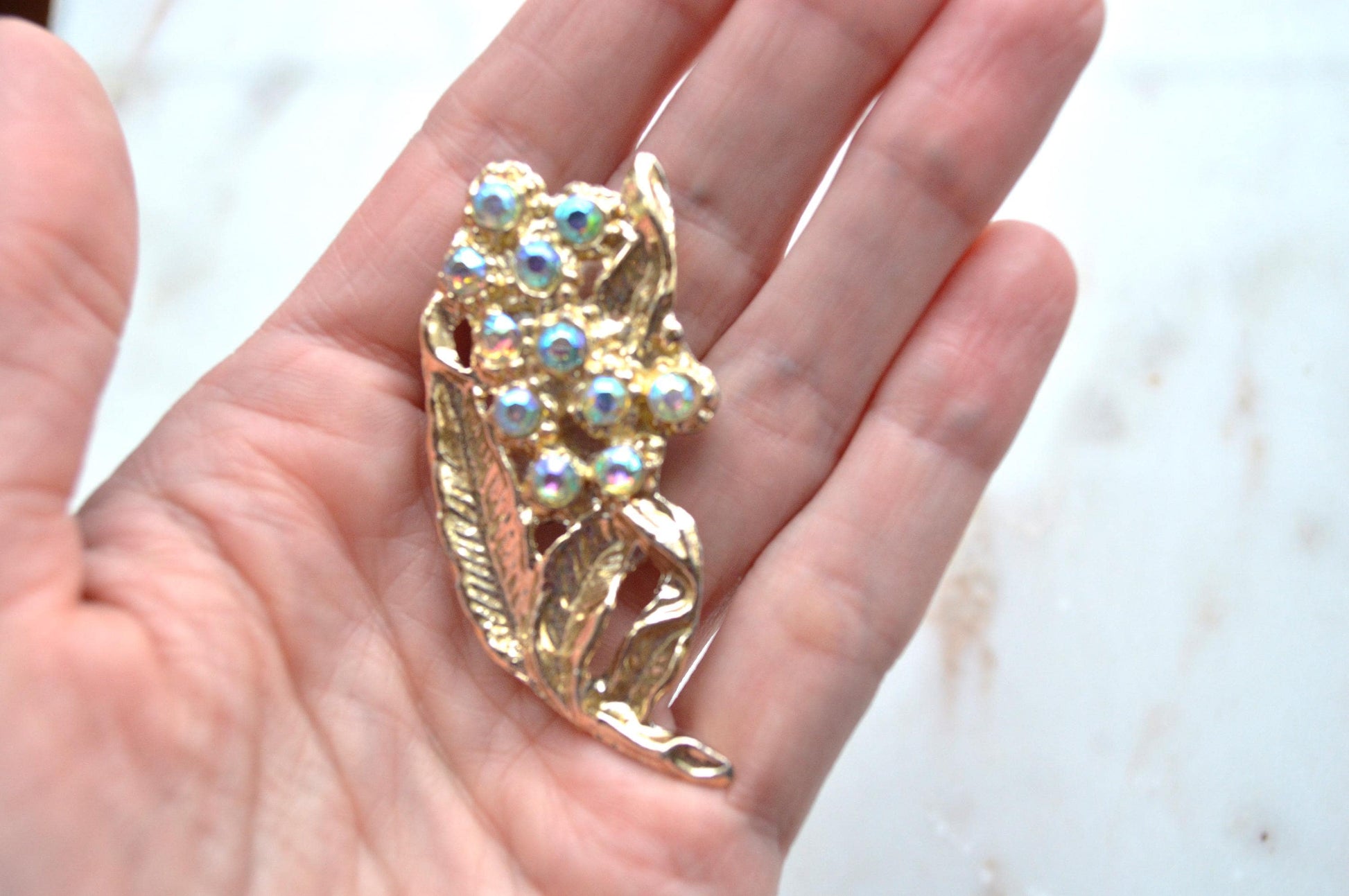 Vintage Mid-Century Floral Brooch Featuring Aurora Borealis Rhinestones