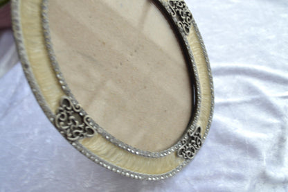Victorian Style Vintage Silver & Cream Enamel Ornate Picture Frame with Rhinestone Accents.
