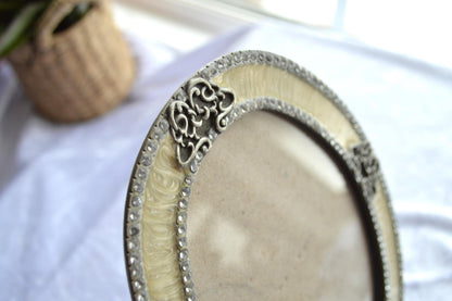 Victorian Style Vintage Silver & Cream Enamel Ornate Picture Frame with Rhinestone Accents.