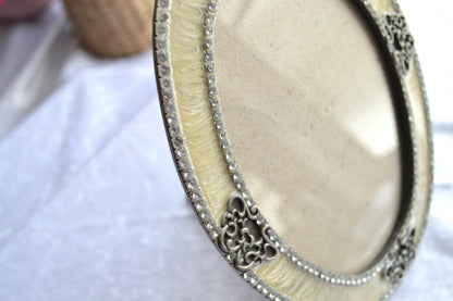Victorian Style Vintage Silver & Cream Enamel Ornate Picture Frame with Rhinestone Accents.