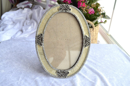 Victorian Style Vintage Silver & Cream Enamel Ornate Picture Frame with Rhinestone Accents.