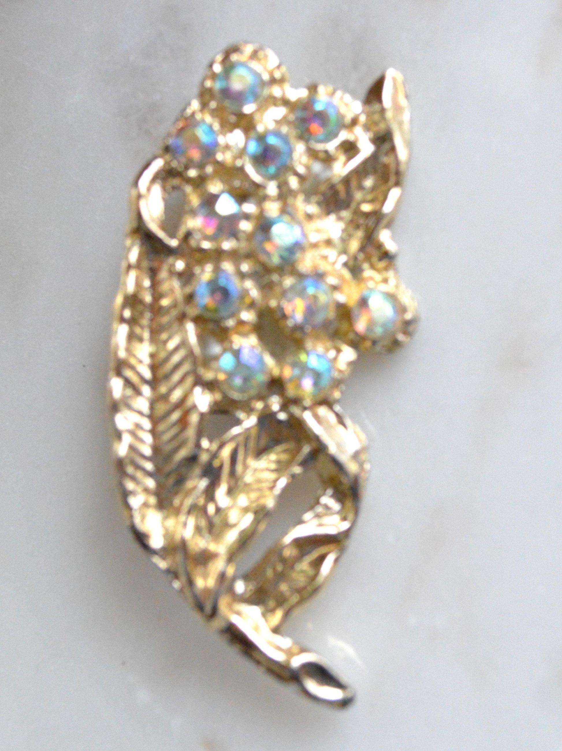 Vintage Mid-Century Floral Brooch Featuring Aurora Borealis Rhinestones