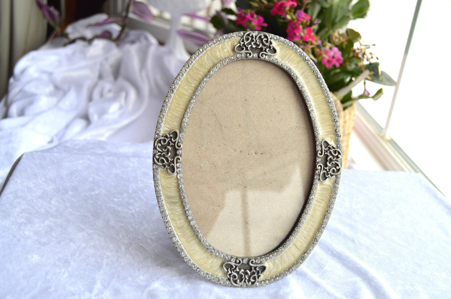 Victorian Style Vintage Silver & Cream Enamel Ornate Picture Frame with Rhinestone Accents.