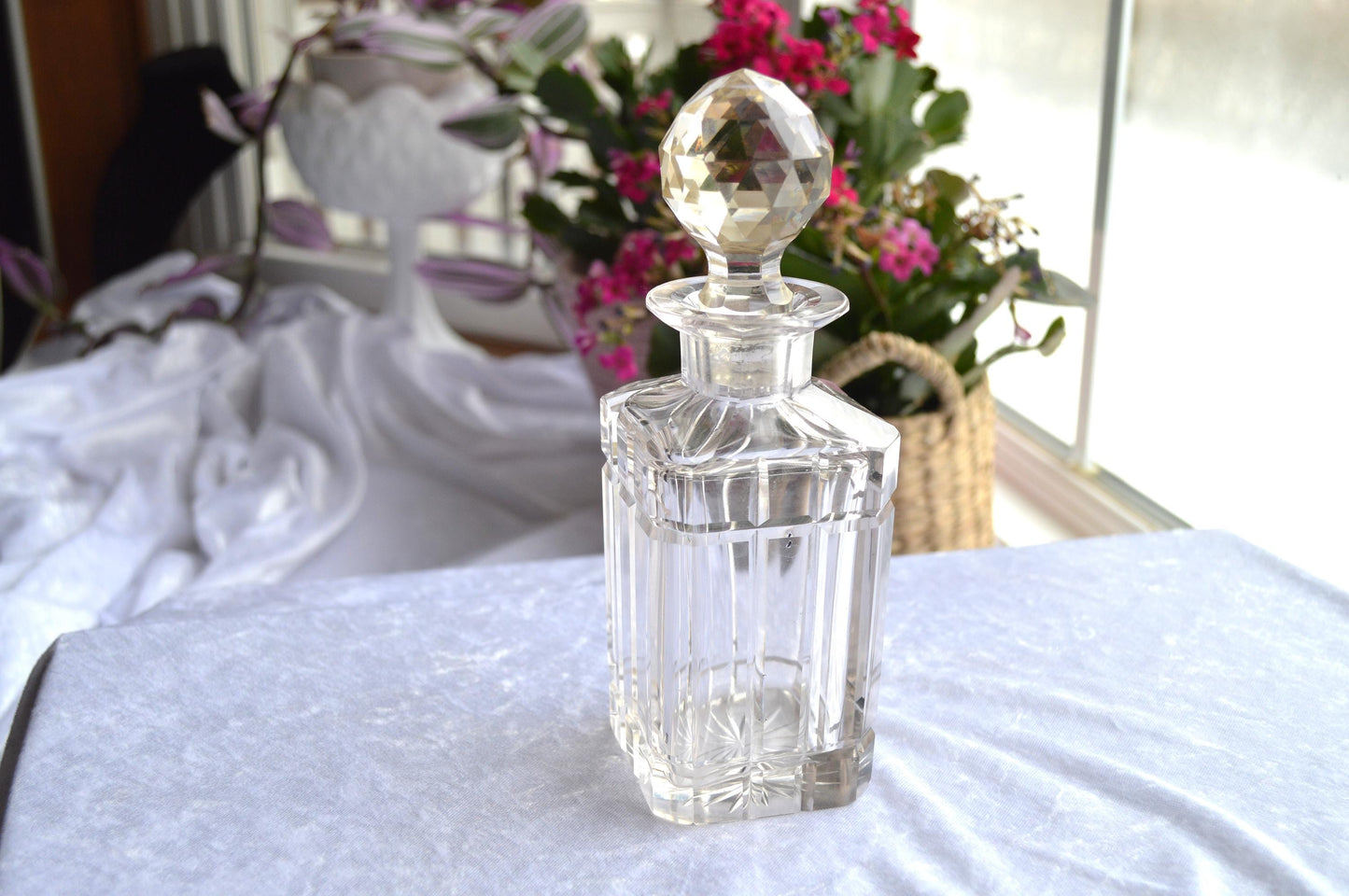 Antique Faceted Glass Decanter 16-Pointed Star on Bottom with Faceted Stopper