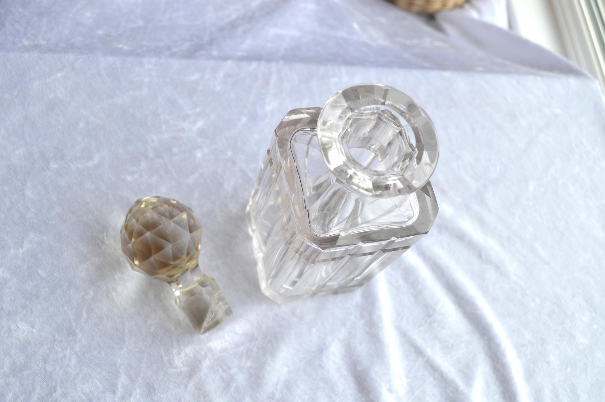 Antique Faceted Glass Decanter 16-Pointed Star on Bottom with Faceted Stopper