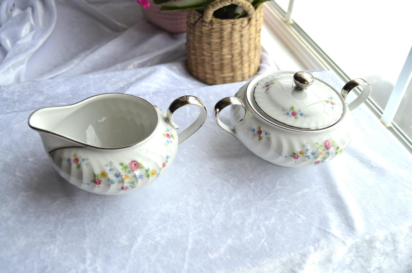MCM Floral Embossed Swirl Creamer and Sugar Set