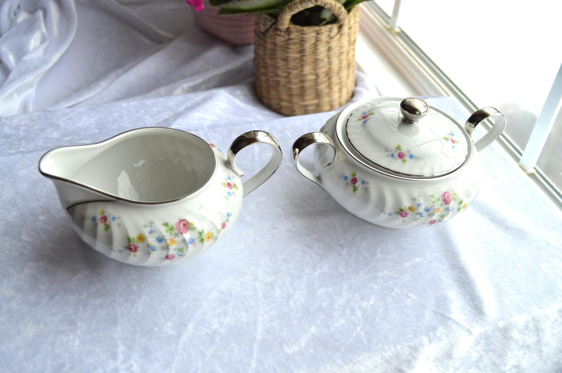 MCM Floral Embossed Swirl Creamer and Sugar Set
