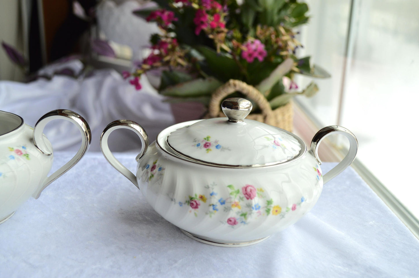 MCM Floral Embossed Swirl Creamer and Sugar Set