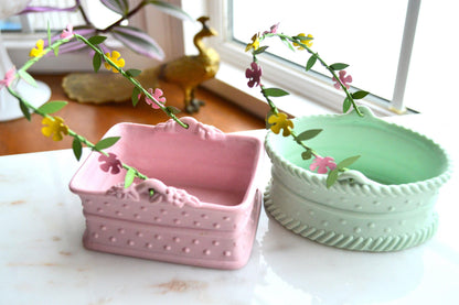 Vintage 1980's Department 56 Pink and Green Ceramic Baskets with Floral Metal Handle