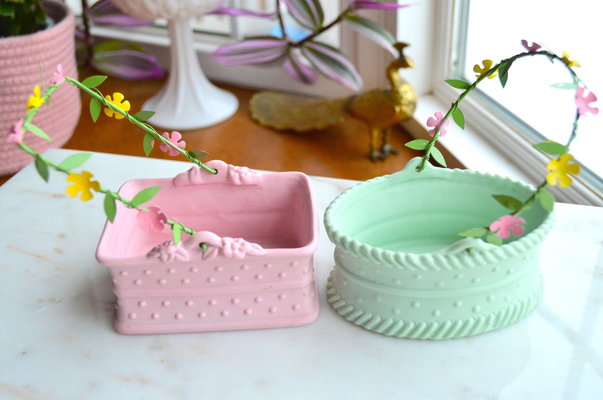 Vintage 1980's Department 56 Pink and Green Ceramic Baskets with Floral Metal Handle