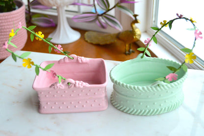 Vintage 1980's Department 56 Pink and Green Ceramic Baskets with Floral Metal Handle