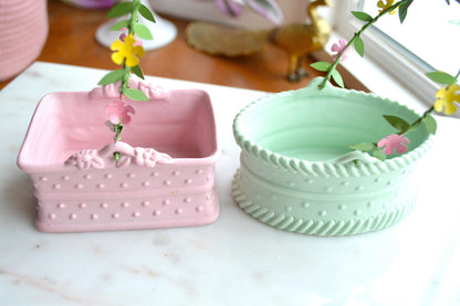 Vintage 1980's Department 56 Pink and Green Ceramic Baskets with Floral Metal Handle