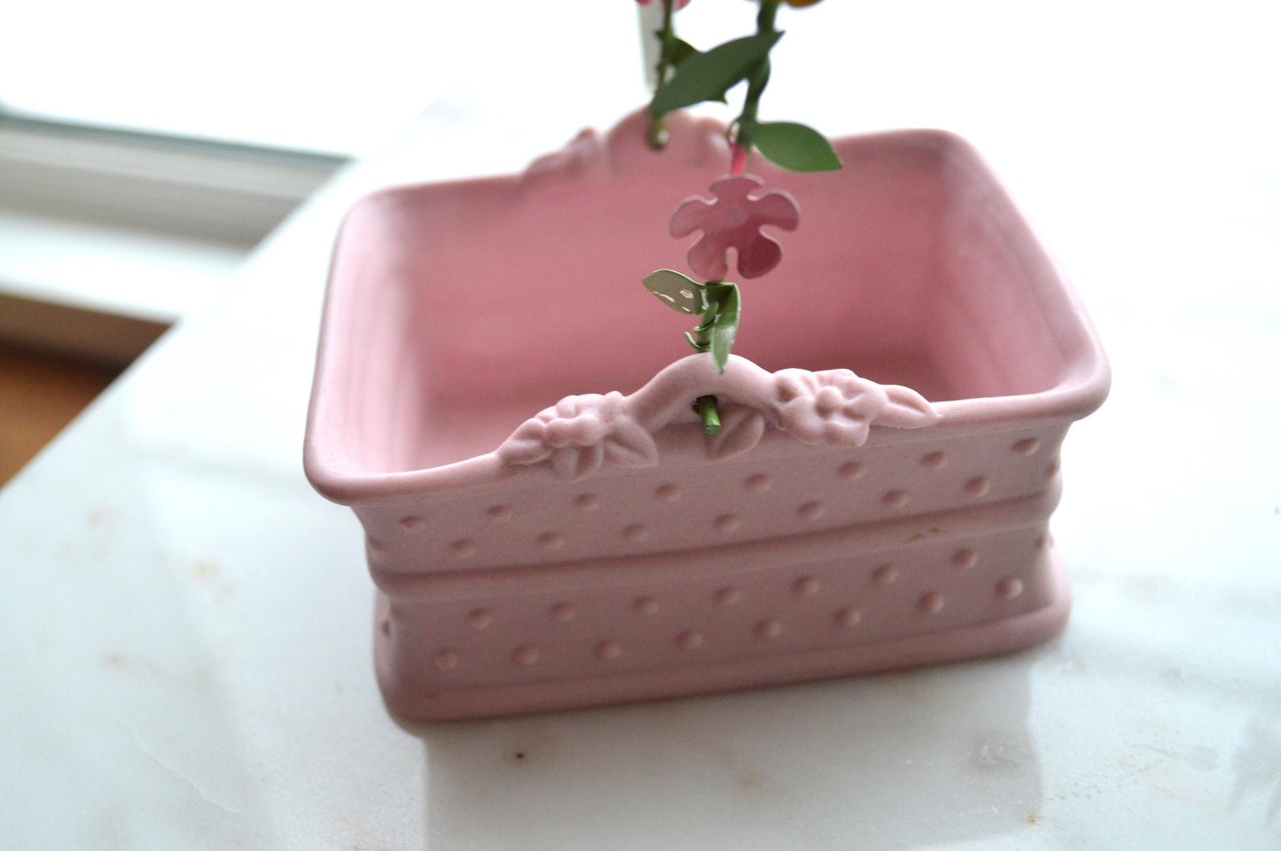 Vintage 1980's Department 56 Pink and Green Ceramic Baskets with Floral Metal Handle