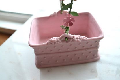 Vintage 1980's Department 56 Pink and Green Ceramic Baskets with Floral Metal Handle