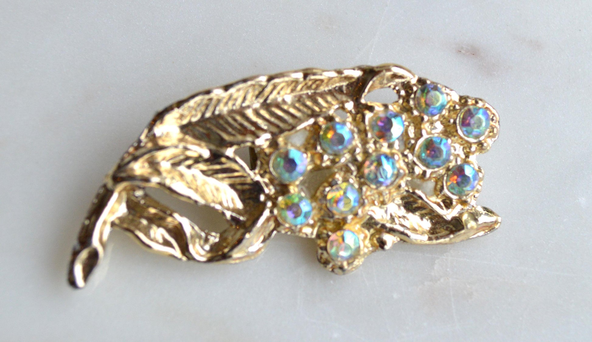 Vintage Mid-Century Floral Brooch Featuring Aurora Borealis Rhinestones