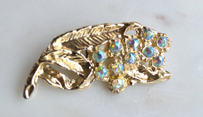 Vintage Mid-Century Floral Brooch Featuring Aurora Borealis Rhinestones
