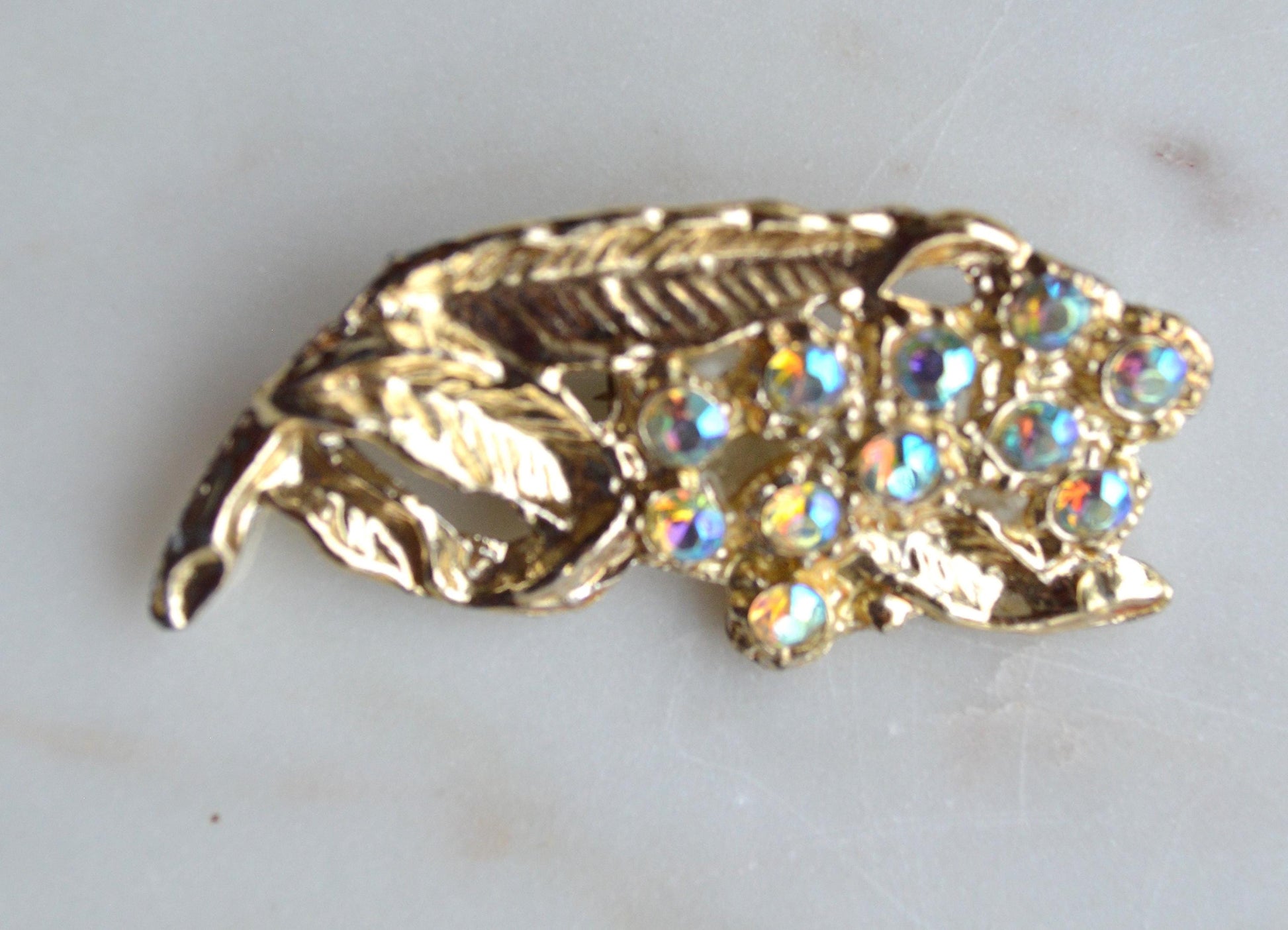 Vintage Mid-Century Floral Brooch Featuring Aurora Borealis Rhinestones