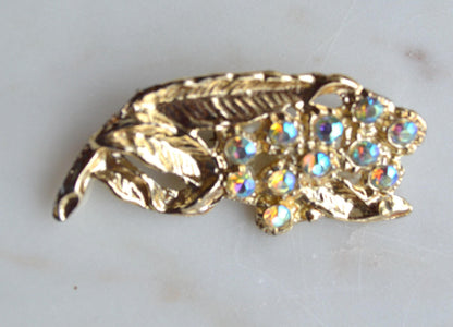 Vintage Mid-Century Floral Brooch Featuring Aurora Borealis Rhinestones