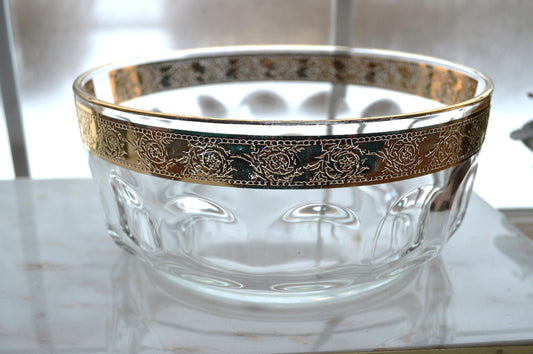 Vintage Hollywood Regency Arcoroc France Large Serving Bowl, 22kt Gold Rose Trim