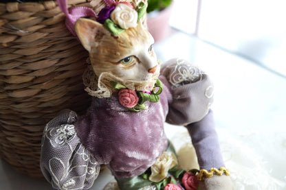 Vintage Katherine's Collection Victorian Cat Lavender and Lace with Rose Trim
