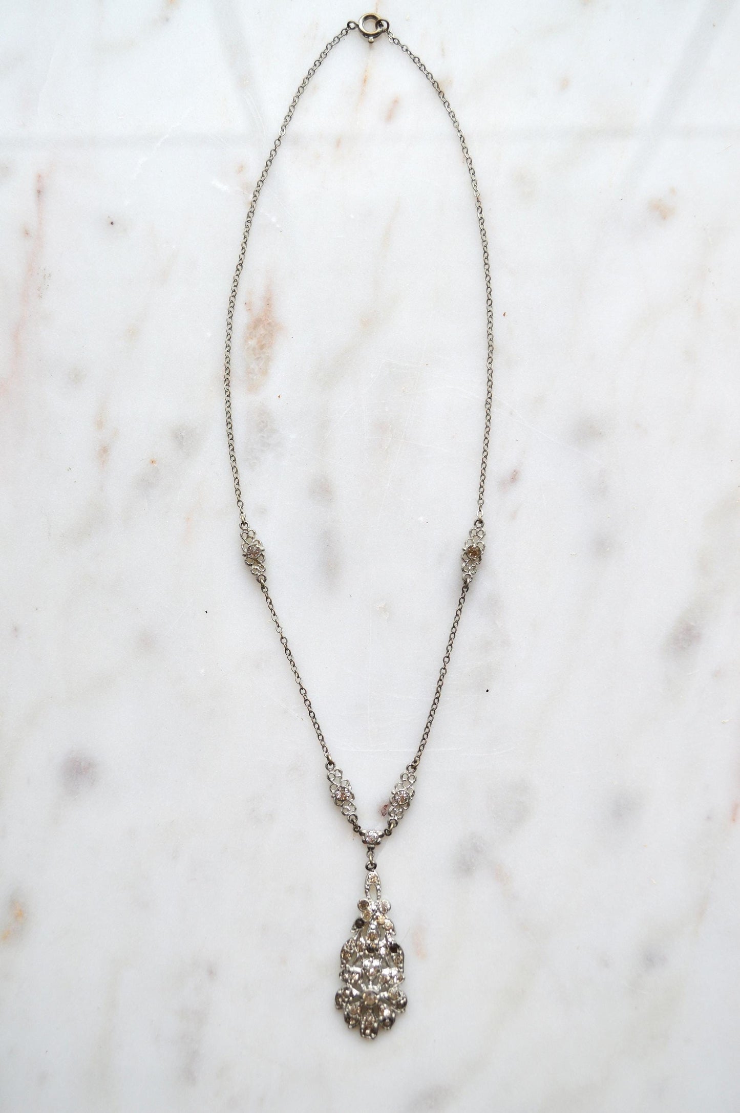 Vintage Art Deco Pot Metal Paste Rhinestone Festoon Drop Lavalier Necklace