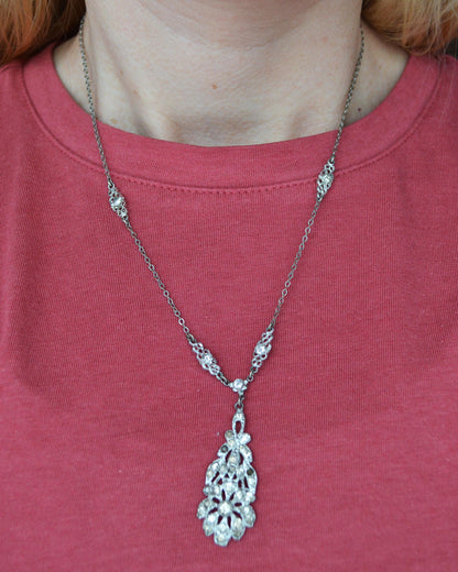 Vintage Art Deco Pot Metal Paste Rhinestone Festoon Drop Lavalier Necklace