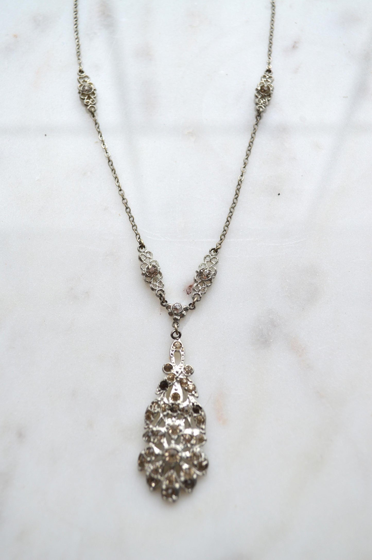 Vintage Art Deco Pot Metal Paste Rhinestone Festoon Drop Lavalier Necklace