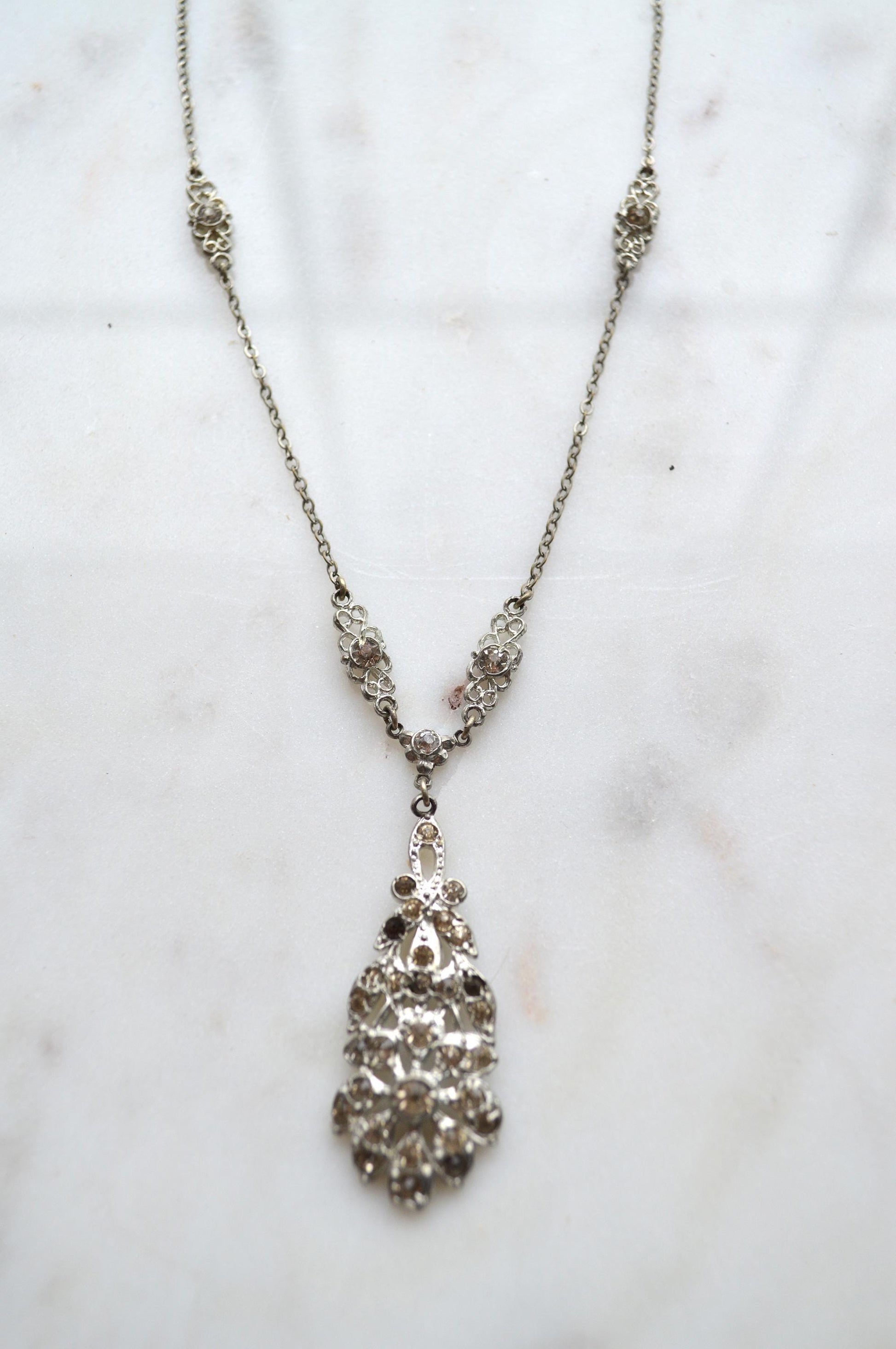 Vintage Art Deco Pot Metal Paste Rhinestone Festoon Drop Lavalier Necklace