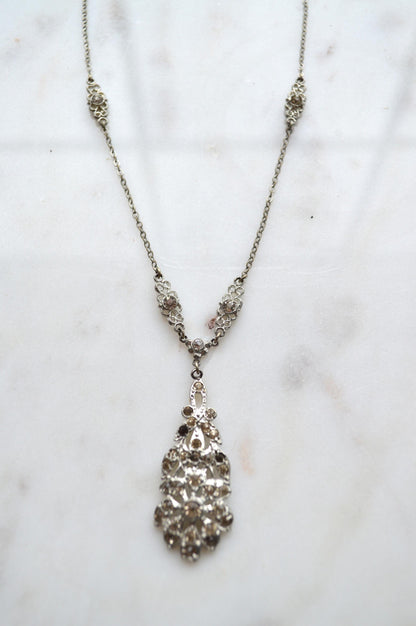 Vintage Art Deco Pot Metal Paste Rhinestone Festoon Drop Lavalier Necklace