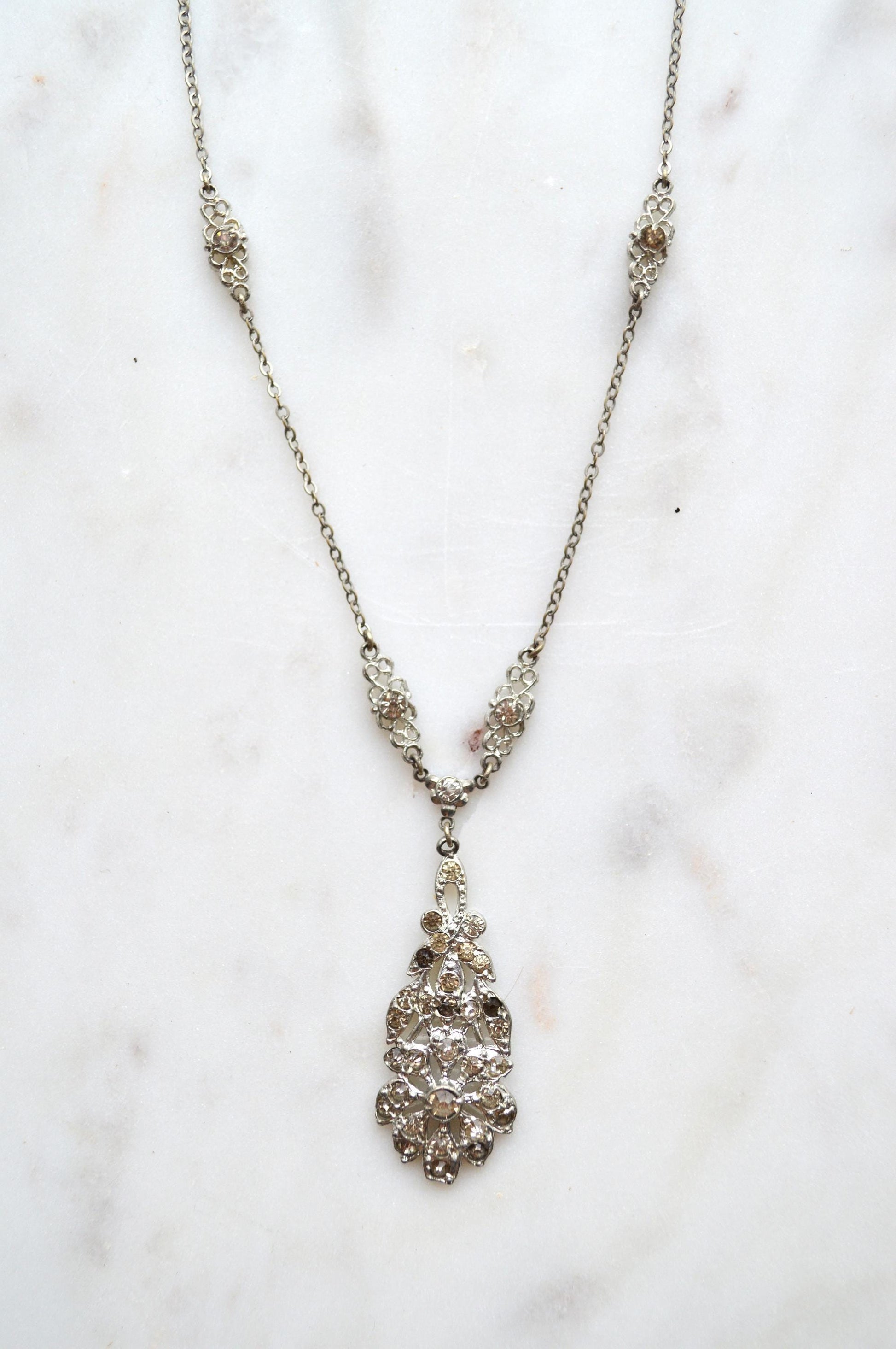 Vintage Art Deco Pot Metal Paste Rhinestone Festoon Drop Lavalier Necklace