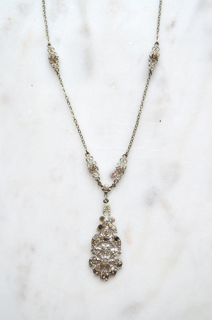 Vintage Art Deco Pot Metal Paste Rhinestone Festoon Drop Lavalier Necklace