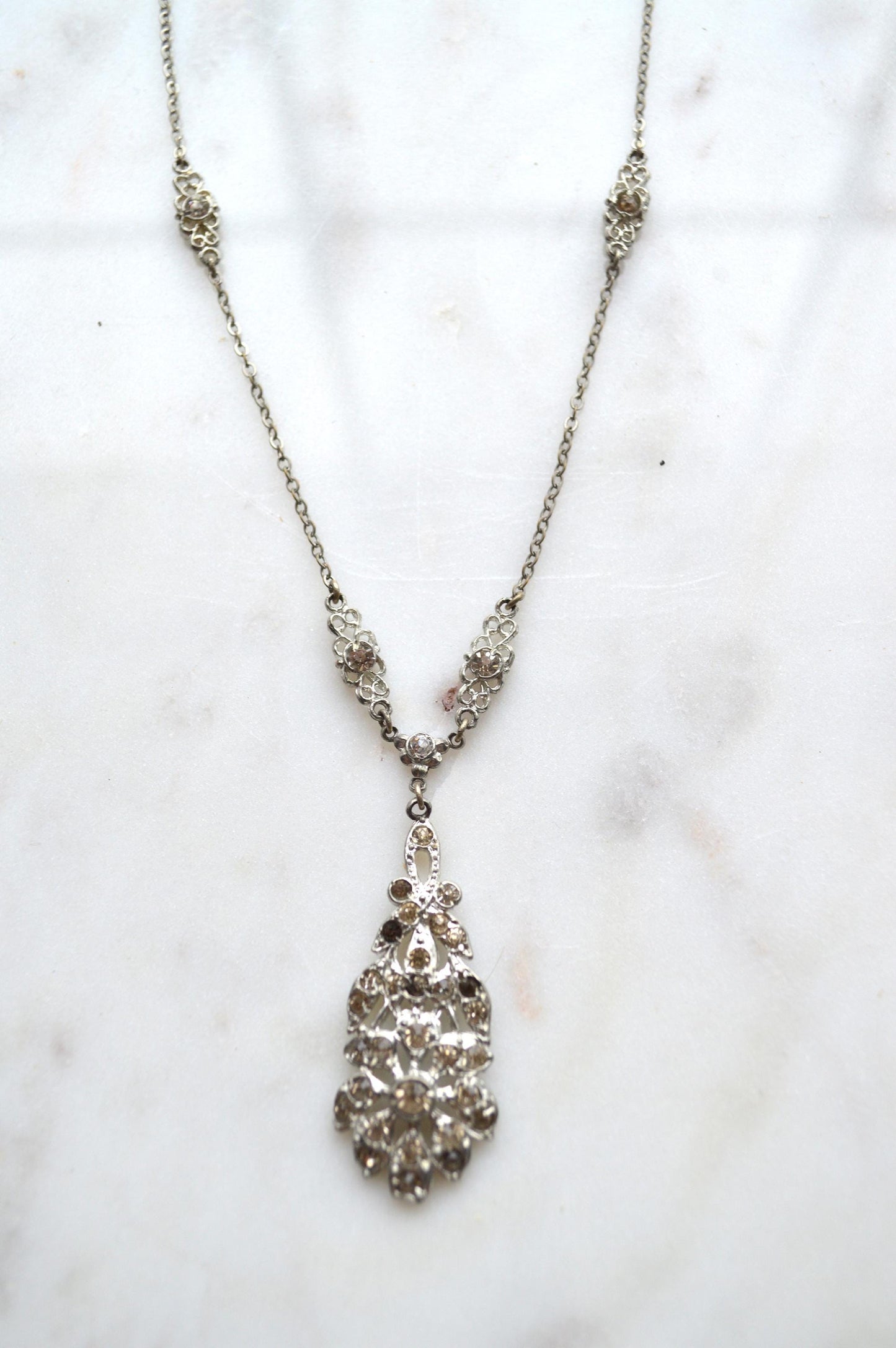 Vintage Art Deco Pot Metal Paste Rhinestone Festoon Drop Lavalier Necklace