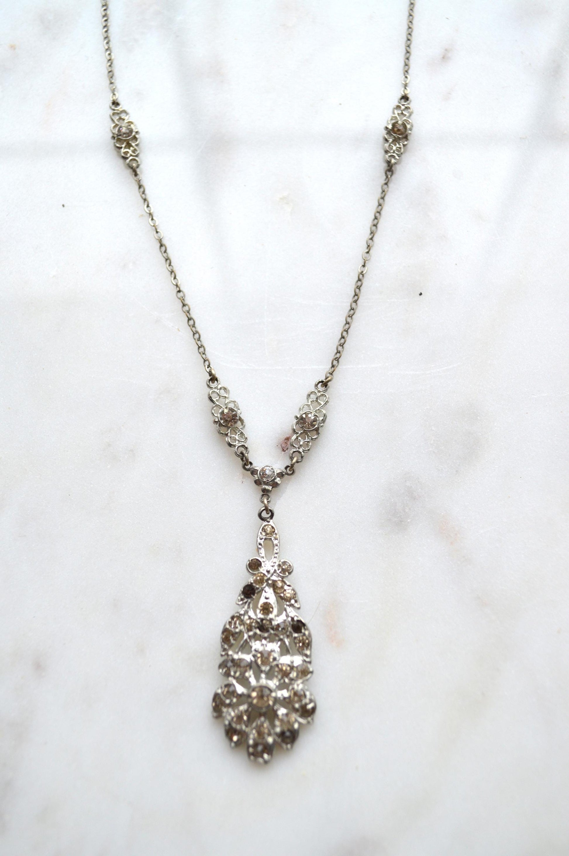 Vintage Art Deco Pot Metal Paste Rhinestone Festoon Drop Lavalier Necklace