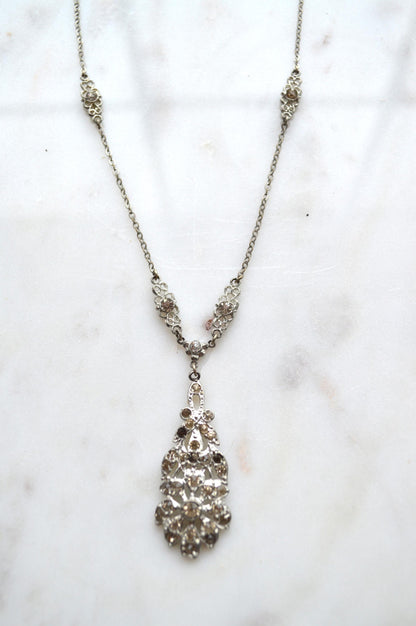 Vintage Art Deco Pot Metal Paste Rhinestone Festoon Drop Lavalier Necklace