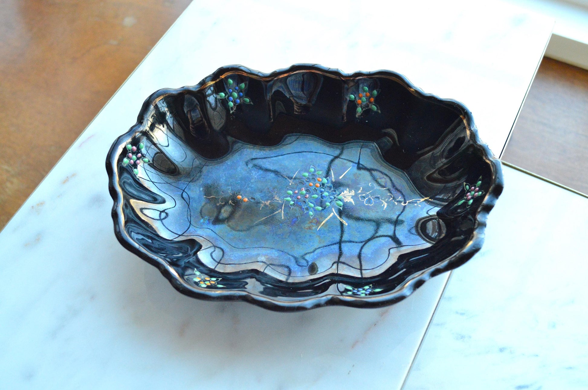 Vintage Japanese Black Glazed Redware Moriage Dish