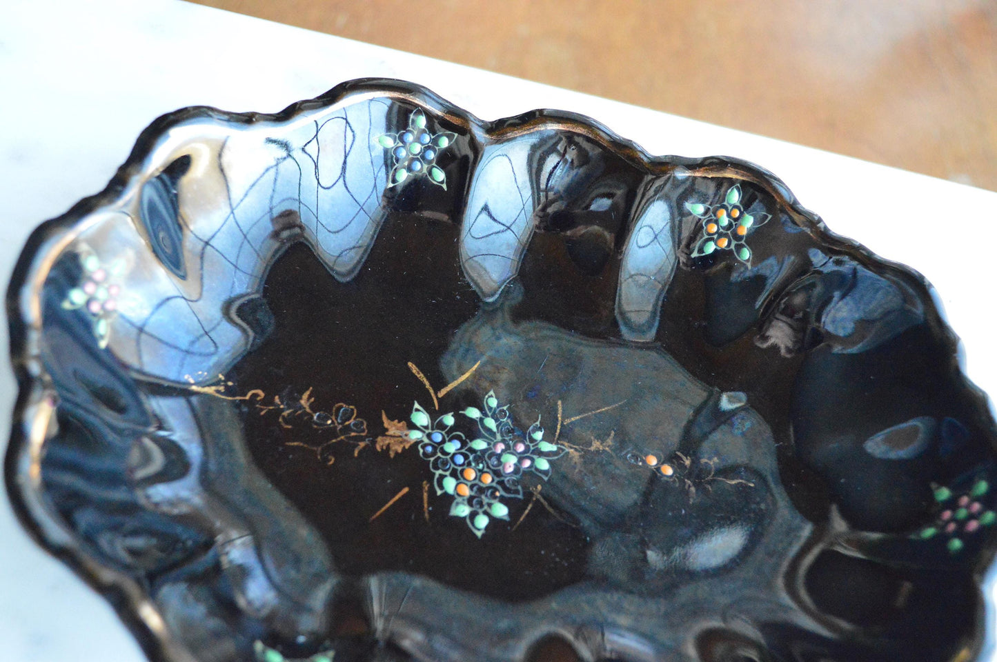 Vintage Japanese Black Glazed Redware Moriage Dish