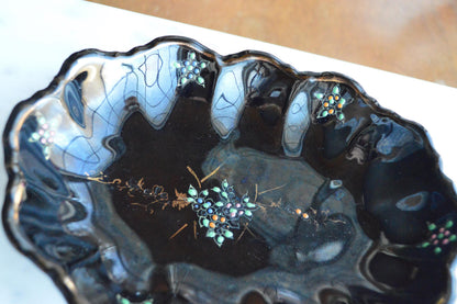 Vintage Japanese Black Glazed Redware Moriage Dish