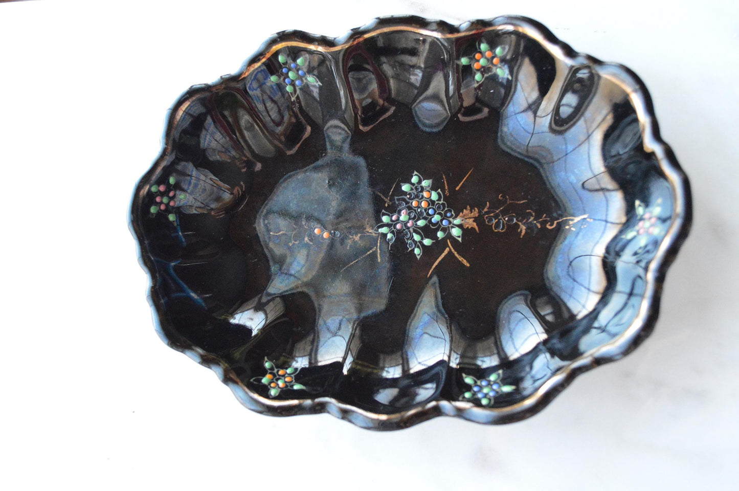 Vintage Japanese Black Glazed Redware Moriage Dish