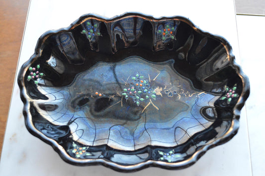 Vintage Japanese Black Glazed Redware Moriage Dish