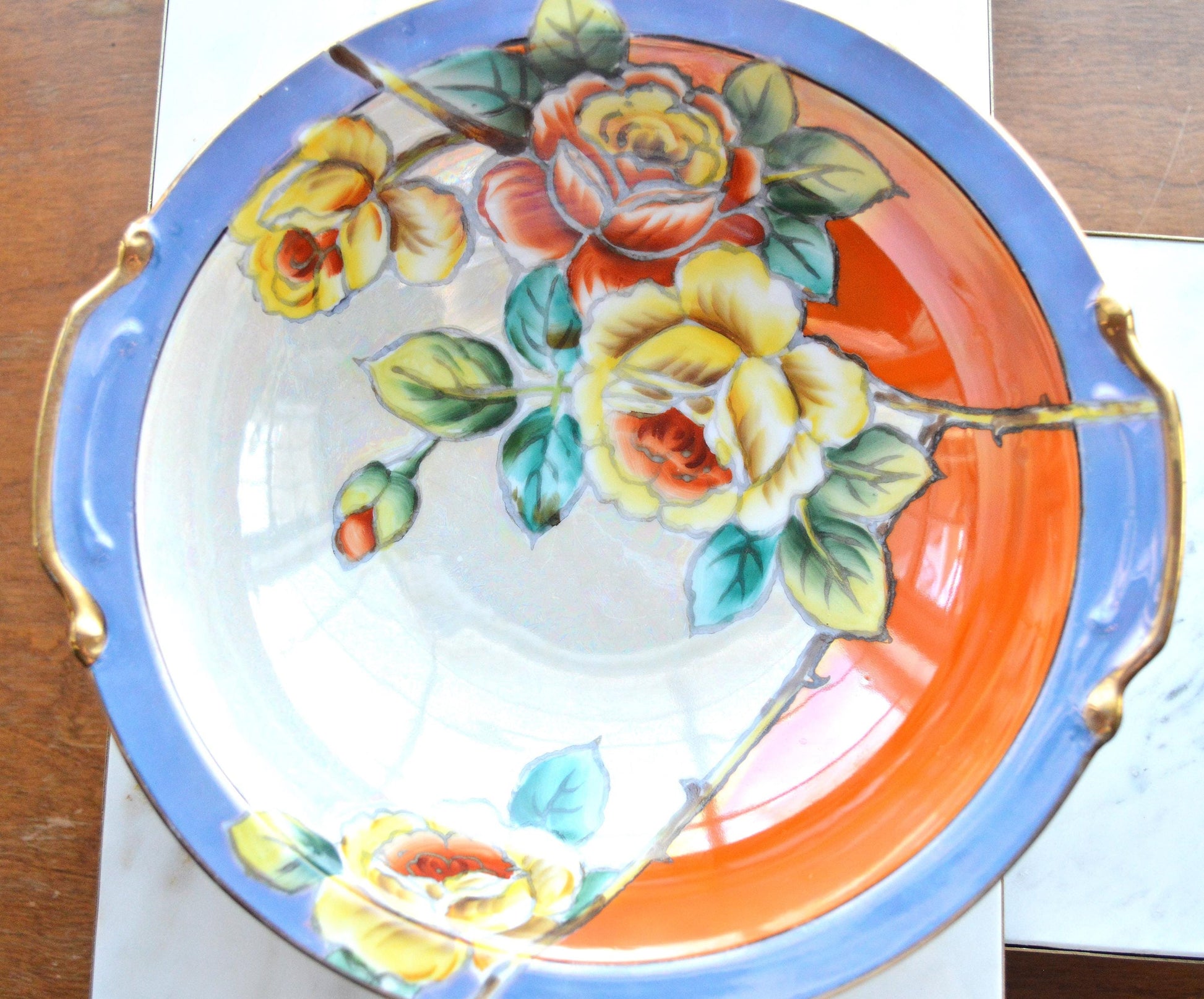 Antique Art Deco Noritake Hand-Painted Lusterware Serving Bowl – "Cherry Blossom" Mark (c. 1924-1940s)