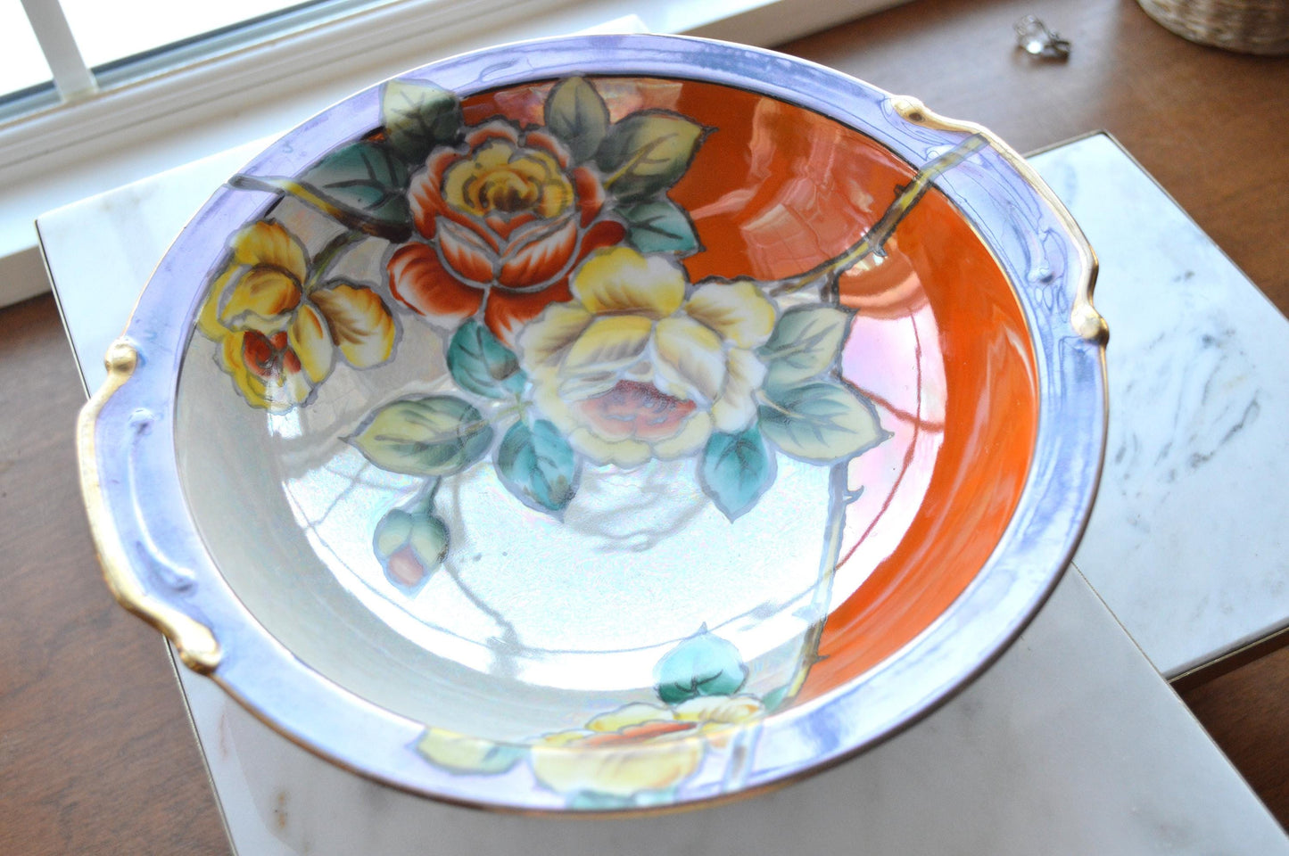 Antique Art Deco Noritake Hand-Painted Lusterware Serving Bowl – "Cherry Blossom" Mark (c. 1924-1940s)