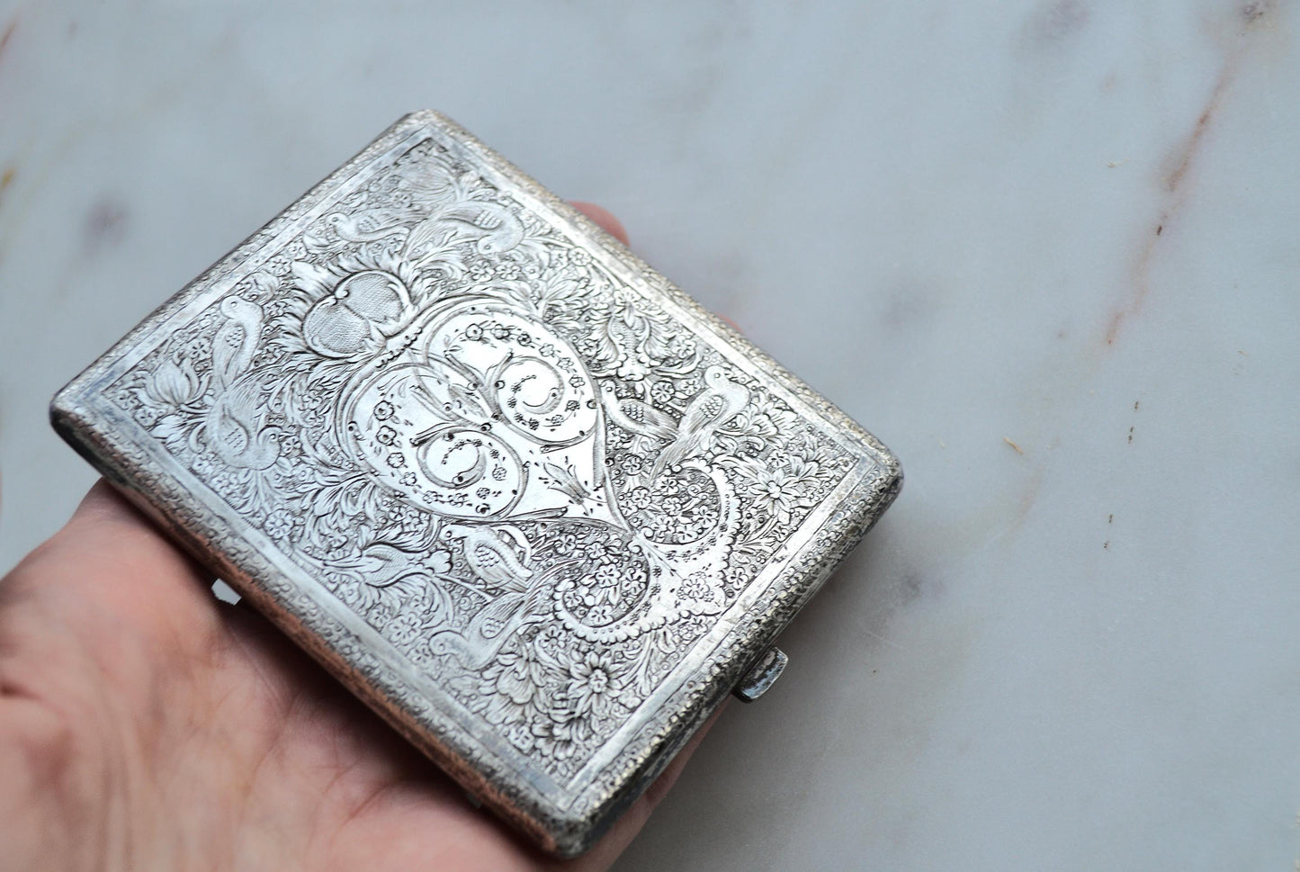 Antique Victorian Solid Silver Card Case/Wallet – Engraved Birds & Florals