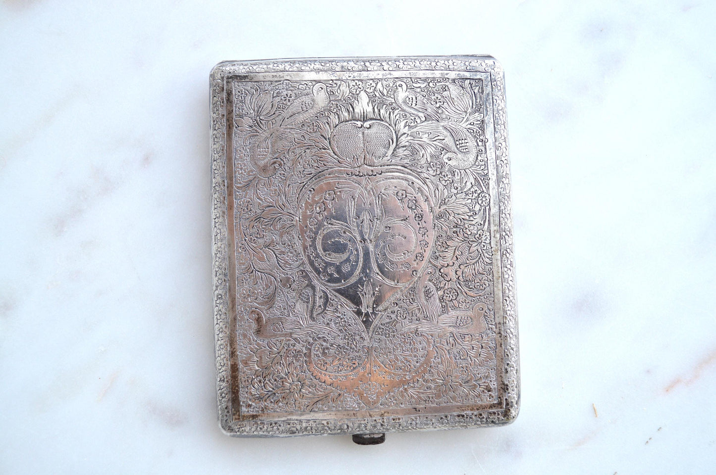 Antique Victorian Solid Silver Card Case/Wallet – Engraved Birds & Florals